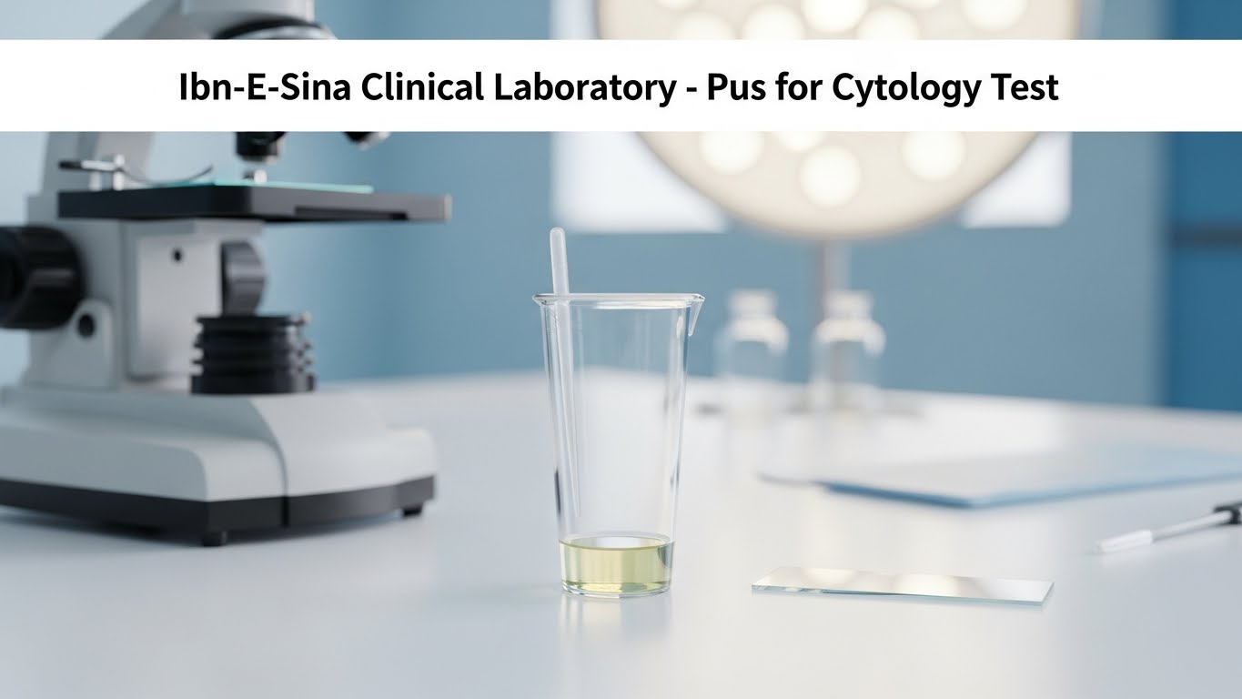 Ibn-E-Sina Clinical Laboratory setup showing a sample container with pus for cytology test, placed beside a microscope and laboratory equipment in a clean clinical environment.