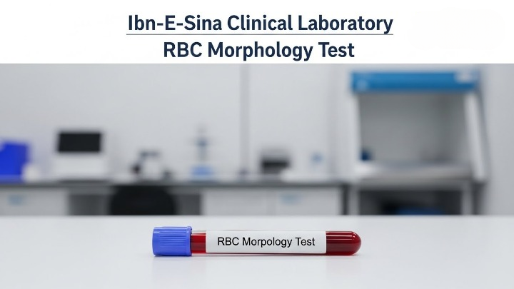 Blood sample tube labeled “RBC Morphology Test” placed on a lab table inside Ibn-E-Sina Clinical Laboratory