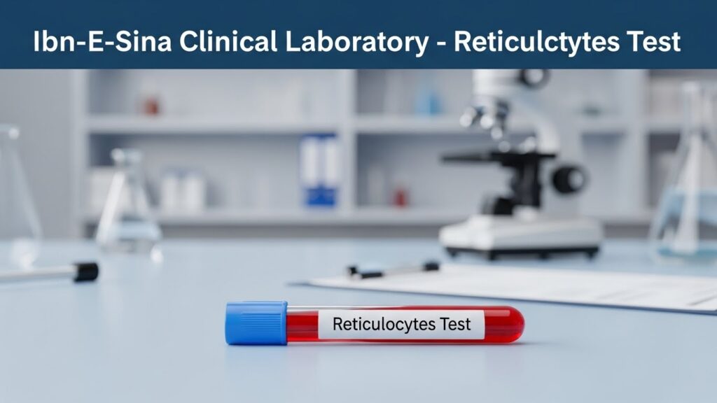 Reticulocyte Test blood sample tube displayed on laboratory table at Ibn-E-Sina Clinical Laboratory