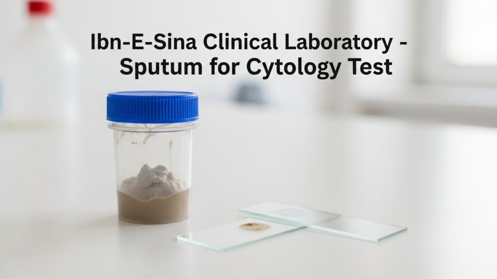 Sputum for Cytology Test sample container with slides placed on a laboratory table at Ibn-E-Sina Clinical Laboratory.