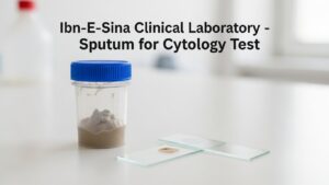 Sputum for Cytology Test sample container with slides placed on a laboratory table at Ibn-E-Sina Clinical Laboratory.