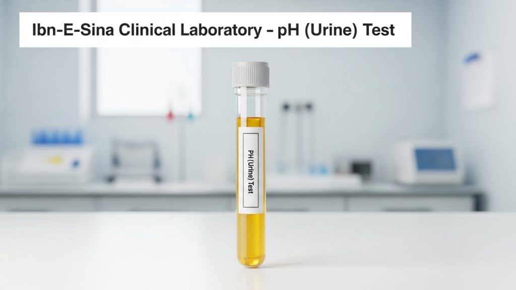 Test tube containing urine sample labeled pH (Urine) Test placed on a laboratory table at Ibn-E-Sina Clinical Laboratory.