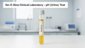 Test tube containing urine sample labeled pH (Urine) Test placed on a laboratory table at Ibn-E-Sina Clinical Laboratory.