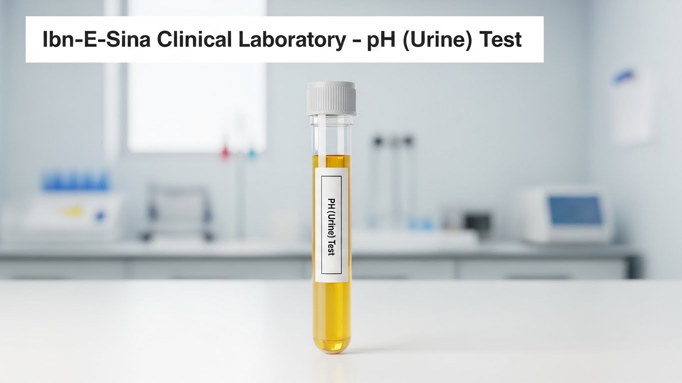 Test tube containing urine sample labeled pH (Urine) Test placed on a laboratory table at Ibn-E-Sina Clinical Laboratory.