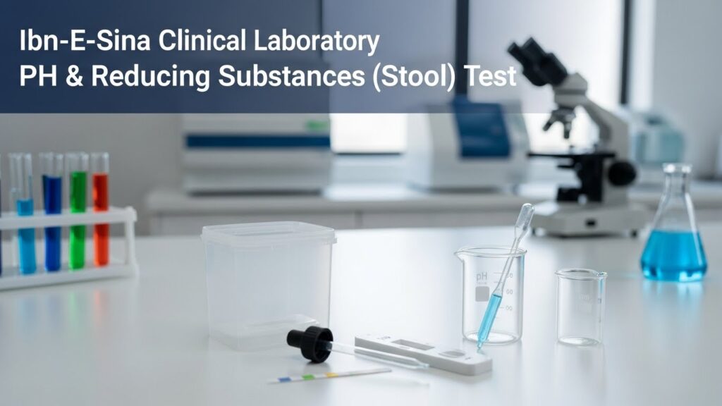 Ibn-E-Sina Clinical Laboratory pH & Reducing Substances (Stool) Test setup with lab containers, pipette, and testing equipment.