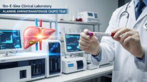 Alanine Aminotransferase SGPT Test sample at Ibn-E-Sina Clinical Laboratory with liver illustration