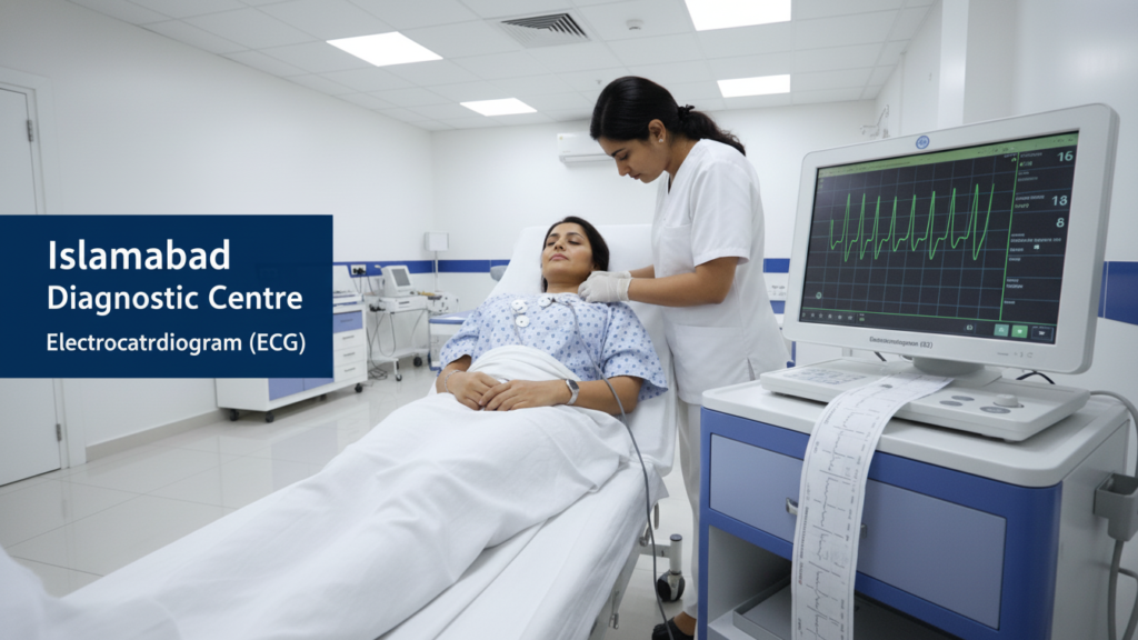 ECG test at Islamabad Diagnostic Centre with a technician placing electrodes and a heart rhythm monitor displaying ECG results.