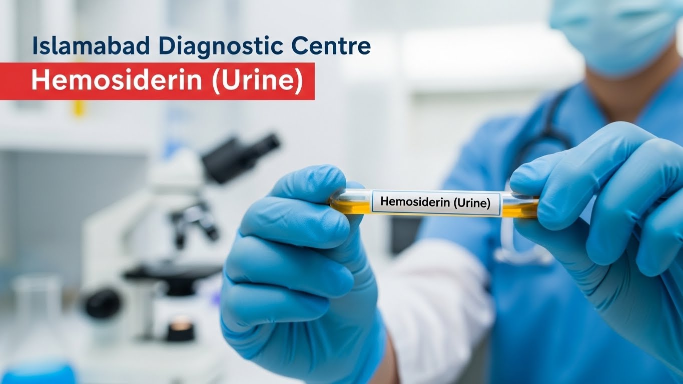 A lab technician holding a urine sample labeled Hemosiderin (Urine) at Islamabad Diagnostic Centre during diagnostic testing.