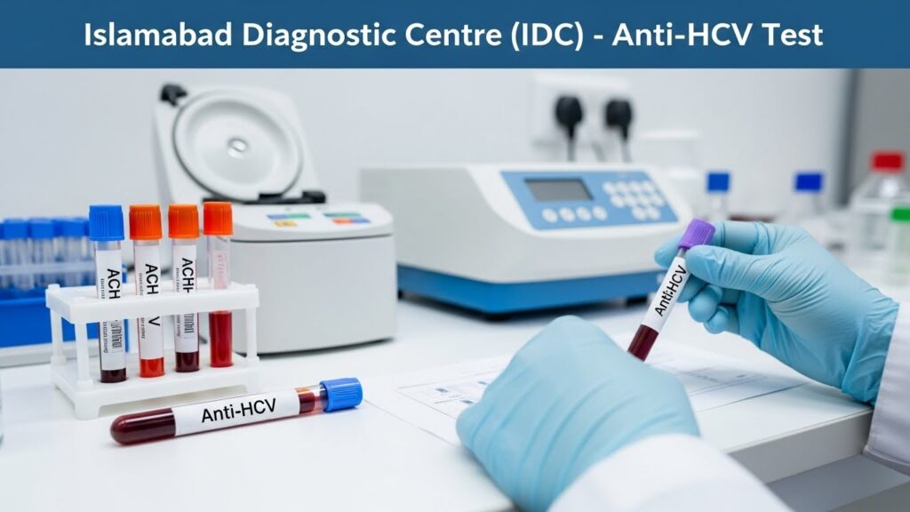 A lab technician holding a blood sample labeled Anti-HCV Test at Islamabad Diagnostic Centre (IDC), with test tubes and diagnostic equipment on a medical lab table.
