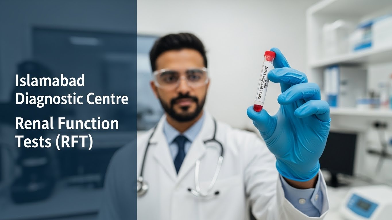 Doctor holding a blood sample for the Renal Function Test (RFT) at Islamabad Diagnostic Centre inside a modern laboratory.