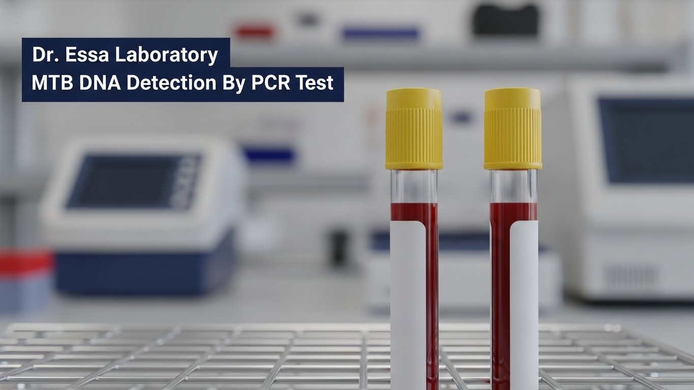 Dr. Essa Laboratory MTB DNA Detection by PCR Test with blood sample tubes in a clinical lab setting.