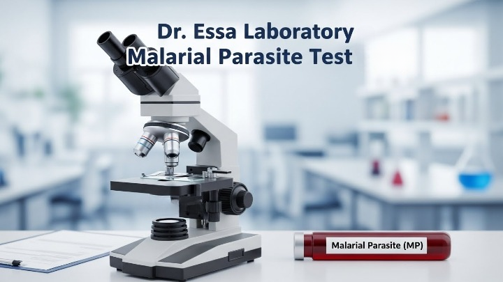 Dr. Essa Laboratory mein microscope aur blood sample ke sath Malarial Parasite Test ka laboratory setup