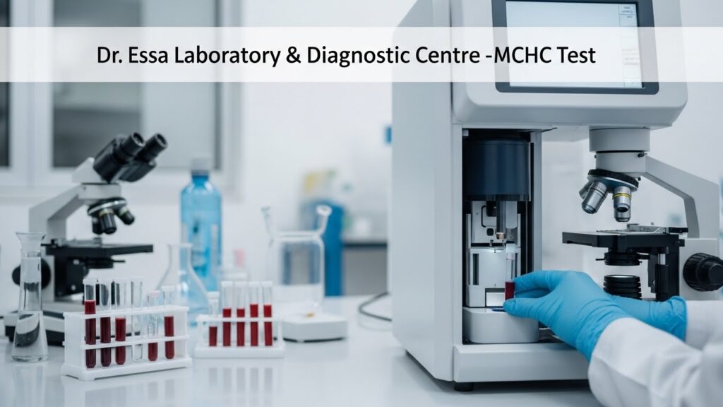 A lab technician at Dr. Essa Laboratory and Diagnostic Centre performing a Mean Corpuscular Hemoglobin Concentration MCHC test using an automated analyzer with blood samples and microscope visible on the bench.
