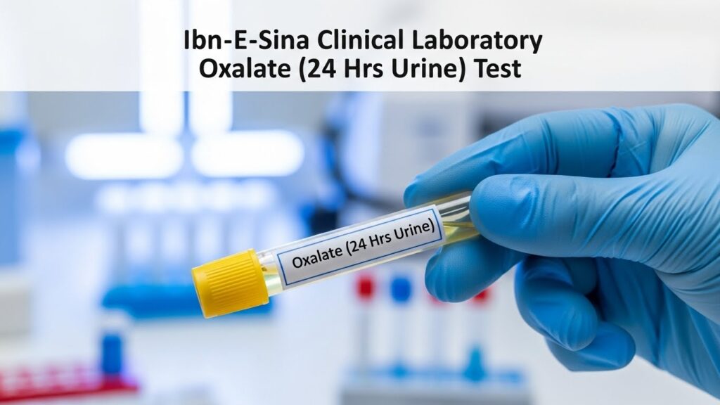 A gloved hand holding a yellow-capped urine sample tube labeled Oxalate (24 Hrs Urine) Test inside a clinical laboratory setting.
