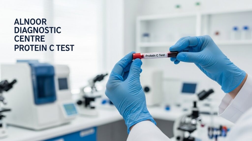 Alnoor Diagnostic Centre Protein C Test blood sample held by lab technician in modern laboratory