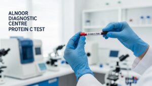 Alnoor Diagnostic Centre Protein C Test blood sample held by lab technician in modern laboratory
