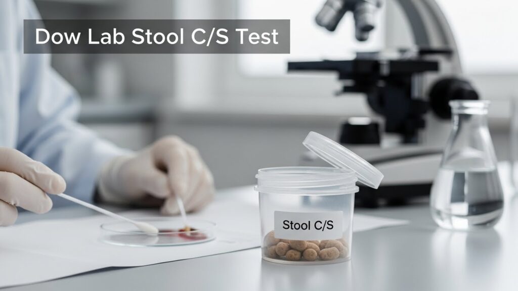 Dow Lab Stool C/S Test showing stool sample container labeled “Stool C/S” with laboratory technician performing culture and sensitivity analysis under a microscope