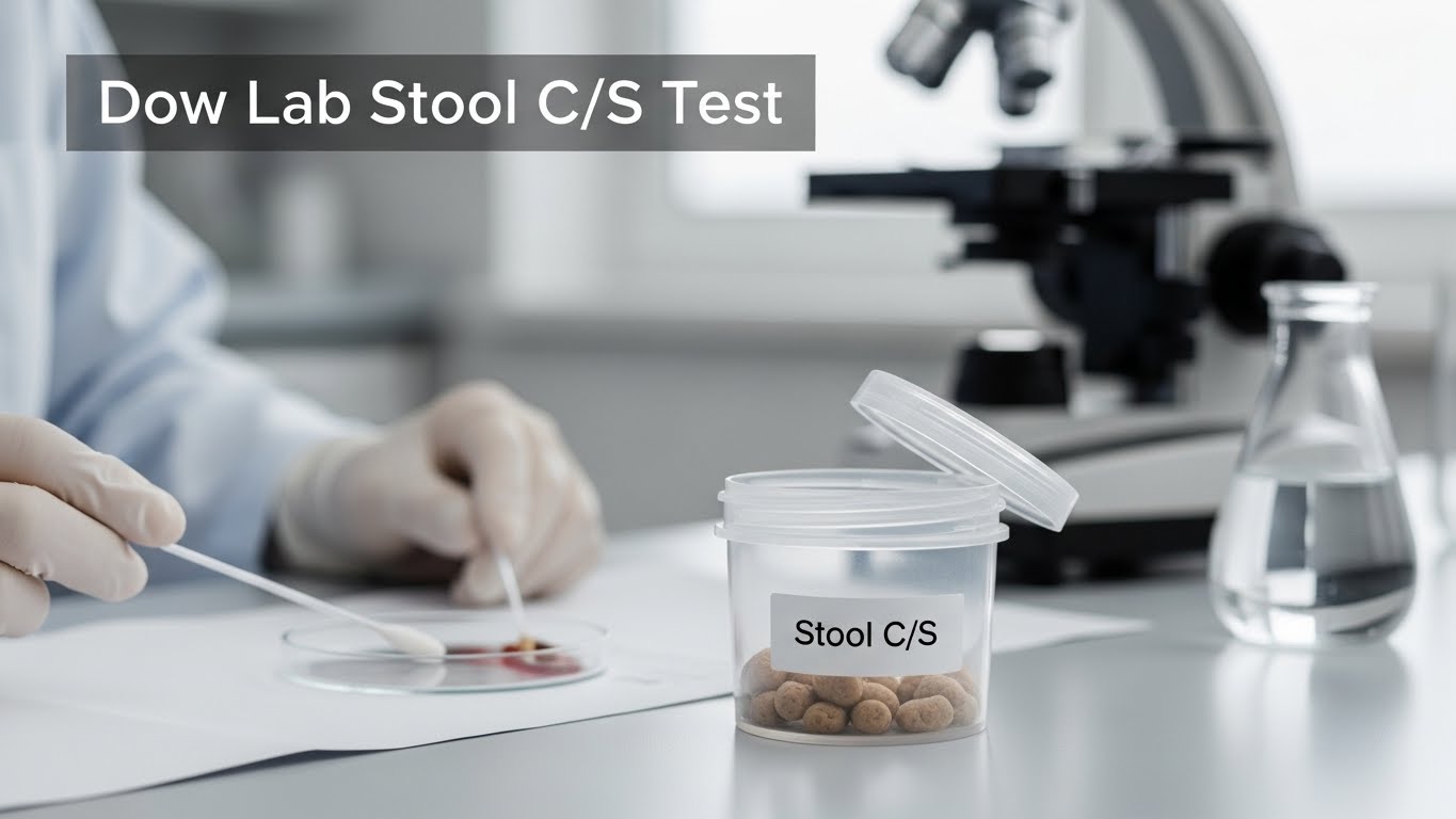 Dow Lab Stool C/S Test showing stool sample container labeled “Stool C/S” with laboratory technician performing culture and sensitivity analysis under a microscope