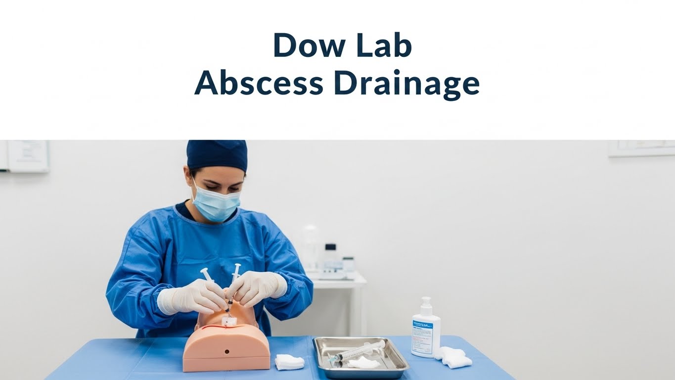 Dow Lab Abscess Drainage procedure performed by medical professional using sterile equipment in a clinical laboratory setting.