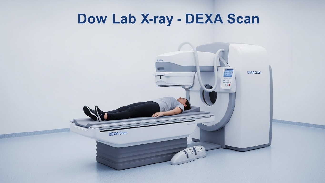 Dow Lab Xray Dexa Scan machine performing bone density test on a patient lying on the scanning table in a modern diagnostic room.