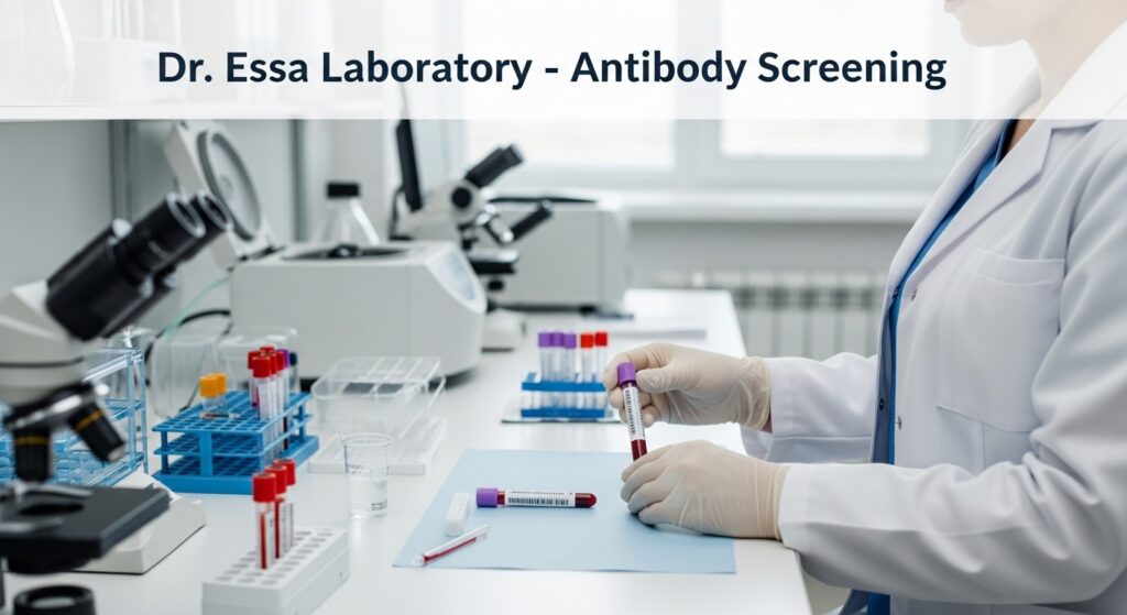 Dr. Essa Laboratory Antibody Screening showing a laboratory technician handling blood samples and test tubes in a modern diagnostic lab setup
