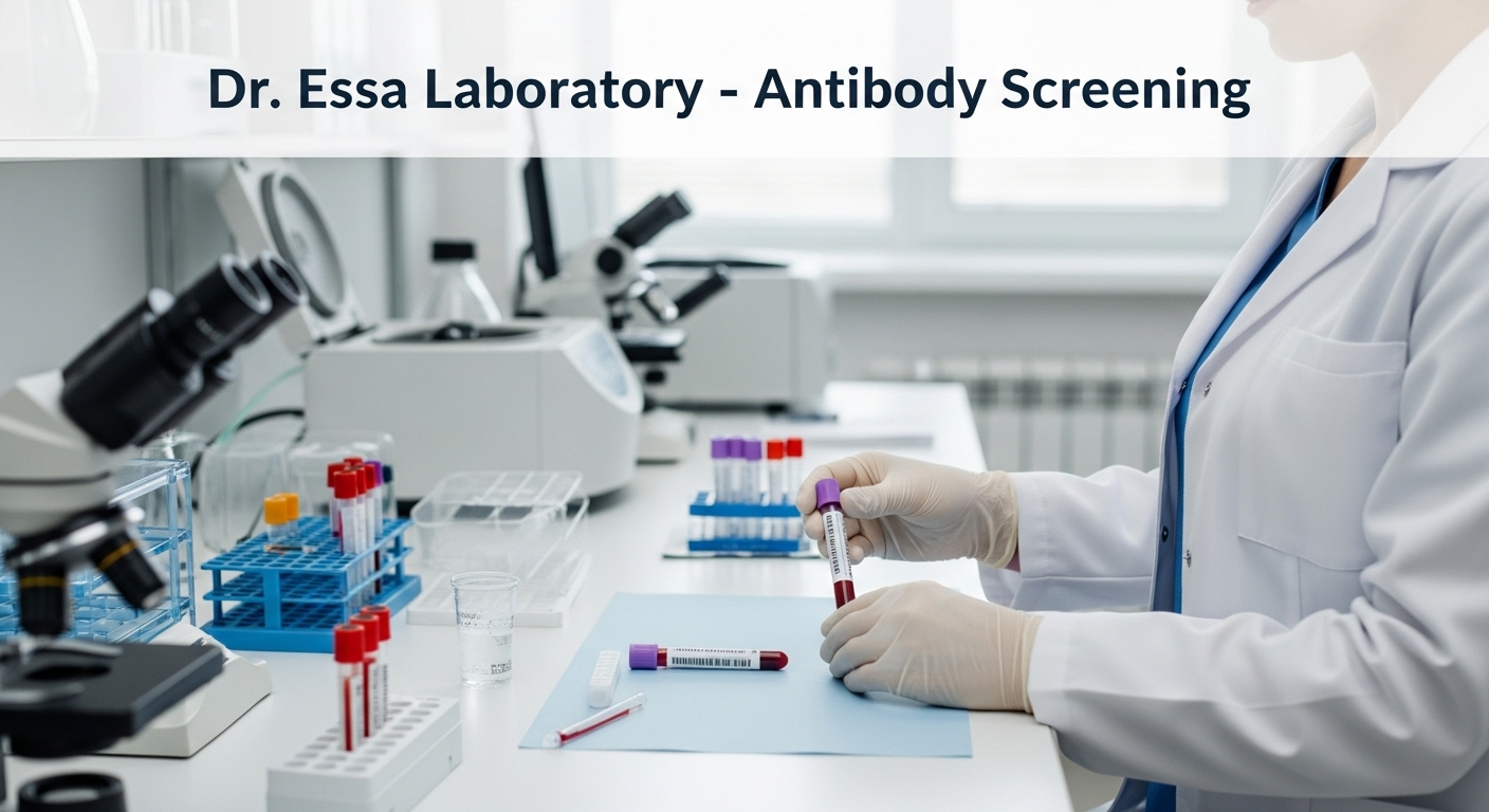 Dr. Essa Laboratory Antibody Screening showing a laboratory technician handling blood samples and test tubes in a modern diagnostic lab setup