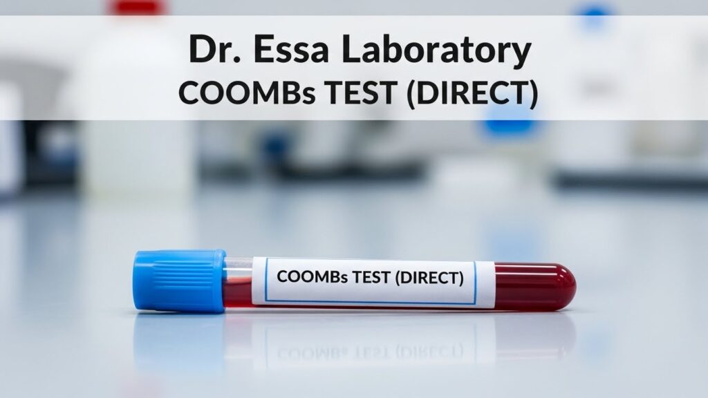 Dr. Essa Laboratory COOMBs TEST (DIRECT) blood sample tube in clinical laboratory for direct antiglobulin testing
