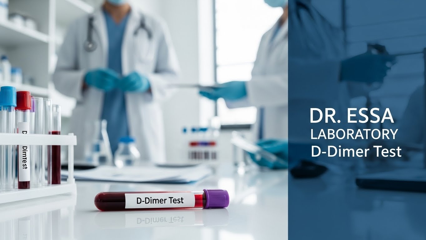 D-Dimer Test blood sample at Dr. Essa Laboratory with lab professionals in background