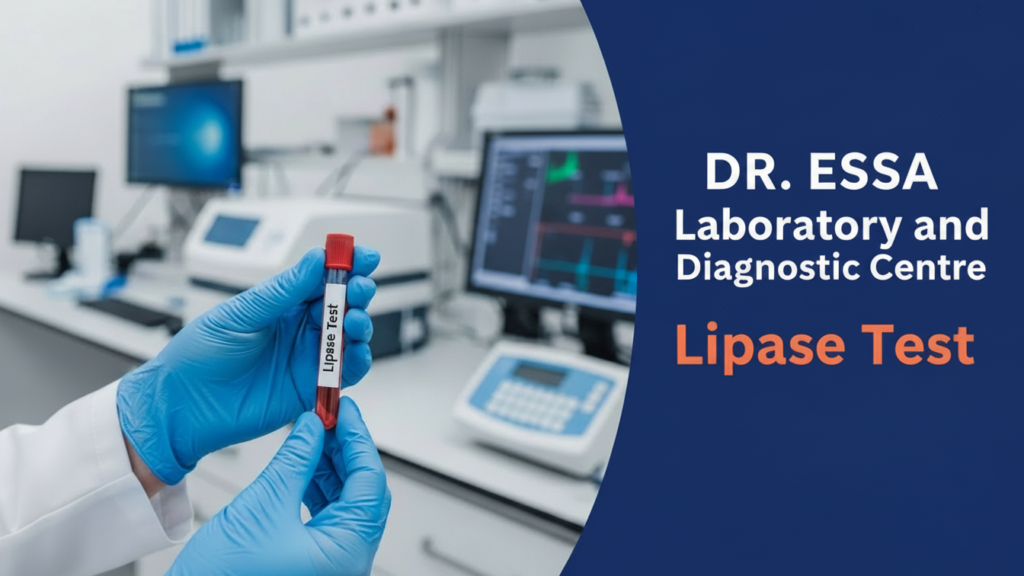 Lipase Test blood sample at Dr. Essa Laboratory and Diagnostic Centre with lab equipment in the background