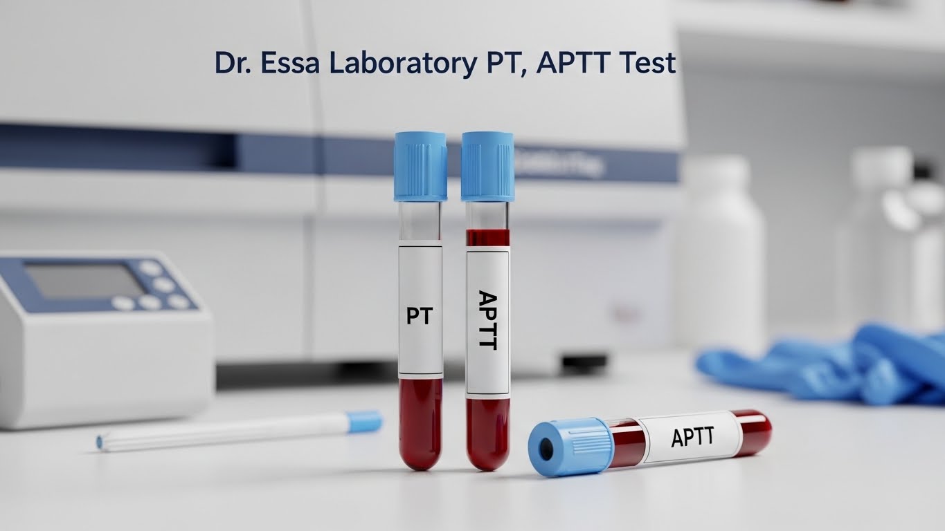 PT APTT test sample tubes with blue caps placed in a clinical laboratory setting at Dr. Essa Laboratory.