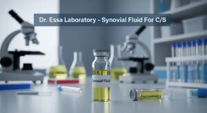 Dr. Essa Laboratory Synovial Fluid For C/S sample bottle placed in a clinical laboratory environment for culture and sensitivity testing.