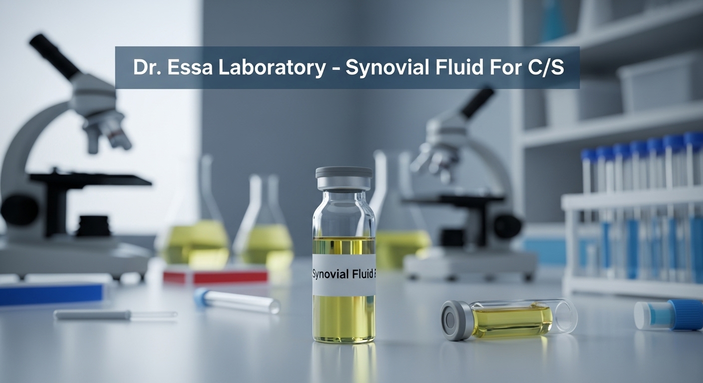 Dr. Essa Laboratory Synovial Fluid For C/S sample bottle placed in a clinical laboratory environment for culture and sensitivity testing.