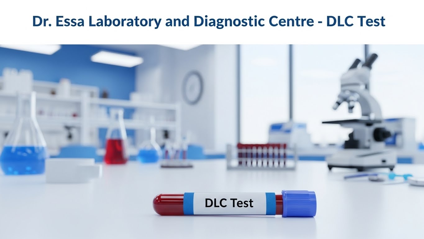 Dr. Essa Laboratory and Diagnostic Centre mein DLC Test ka blood sample tube aur modern laboratory equipment ke sath diagnostic setup