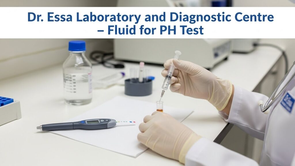 Dr. Essa Laboratory and Diagnostic Centre laboratory process for Fluid for pH test with sample analysis and a digital pH meter.