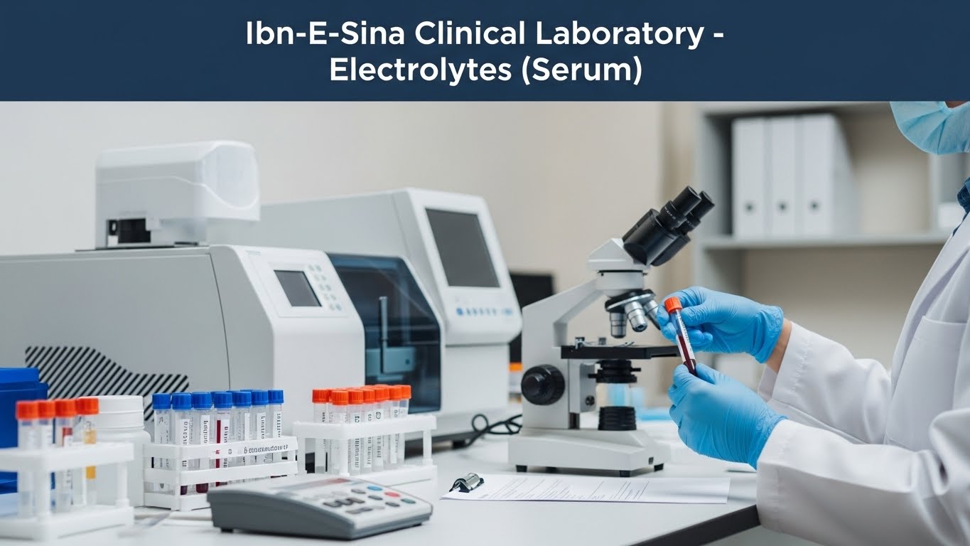 Ibn-E-Sina Clinical Laboratory Electrolytes (Serum) test showing blood sample analysis with modern laboratory equipment.