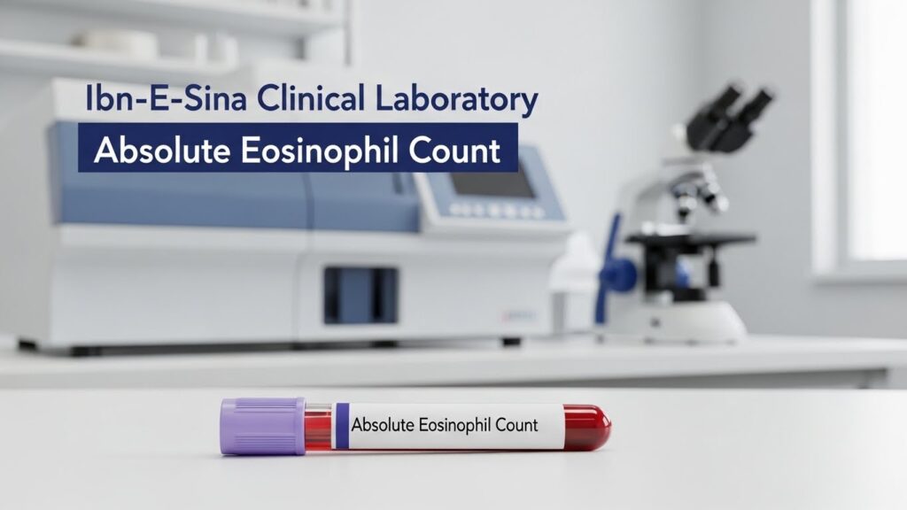 Absolute Eosinophil Count test blood sample tube displayed in Ibn-E-Sina Clinical Laboratory with laboratory microscope background