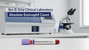 Absolute Eosinophil Count test blood sample tube displayed in Ibn-E-Sina Clinical Laboratory with laboratory microscope background