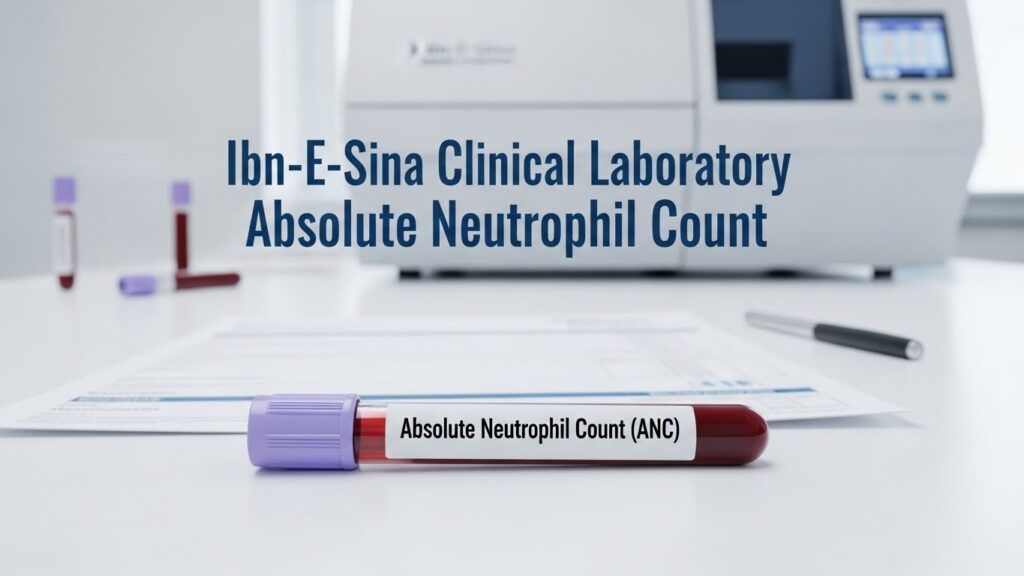 Absolute Neutrophil Count test (ANC) blood sample tube displayed in Ibn-E-Sina Clinical Laboratory with automated hematology analyzer