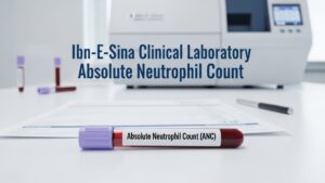Absolute Neutrophil Count test (ANC) blood sample tube displayed in Ibn-E-Sina Clinical Laboratory with automated hematology analyzer