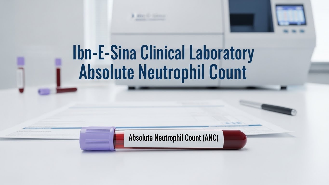 Absolute Neutrophil Count test (ANC) blood sample tube displayed in Ibn-E-Sina Clinical Laboratory with automated hematology analyzer