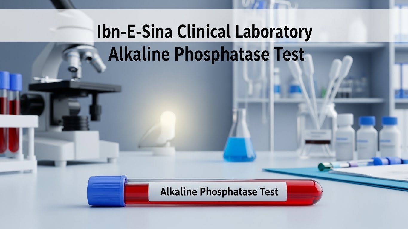 Ibn-E-Sina Clinical Laboratory Alkaline Phosphatase Test showing blood sample tube, microscope, and modern diagnostic lab equipment