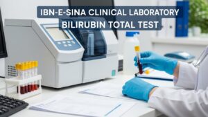 Ibn-E-Sina Clinical Laboratory Bilirubin Total Test showing blood sample analysis using automated laboratory analyzer and test tubes
