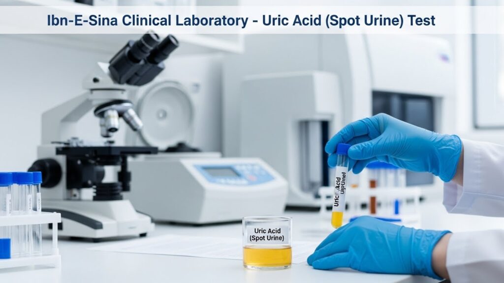 Uric Acid Spot Urine test being performed at Ibn-E-Sina Clinical Laboratory with urine sample tube, microscope, and modern diagnostic equipment