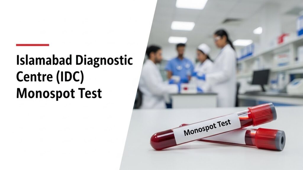 Monospot Test blood sample tubes at Islamabad Diagnostic Centre (IDC) with lab technicians