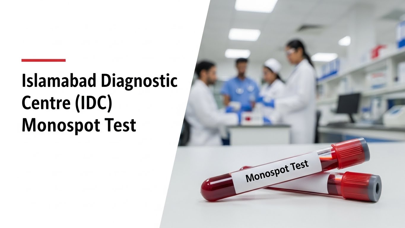 Monospot Test blood sample tubes at Islamabad Diagnostic Centre (IDC) with lab technicians