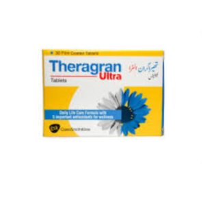 Theragran Ultra Tablets box with yellow and blue packaging, showing daily life care formula and antioxidant benefits by GSK.