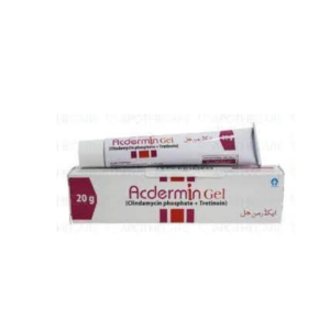 Acdermin Gel 20g tube and box packaging containing clindamycin phosphate and tretinoin, used for acne treatment.