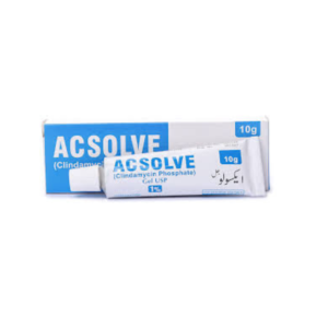 Acsolve Gel 10g tube and box featuring Clindamycin Phosphate 1% topical acne treatment