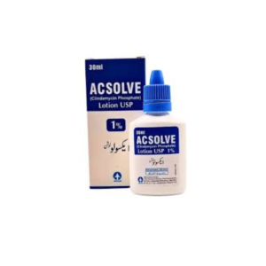 Acsolve Lotion 30ml bottle and packaging, Clindamycin Phosphate 1% acne treatment lotion.