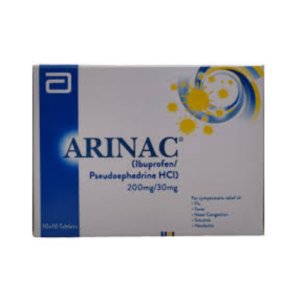 Arinac Tablets 200mg/30mg pack showing Ibuprofen and Pseudoephedrine HCl medicine used for flu, fever, nasal congestion, sinus pain, and headache relief.